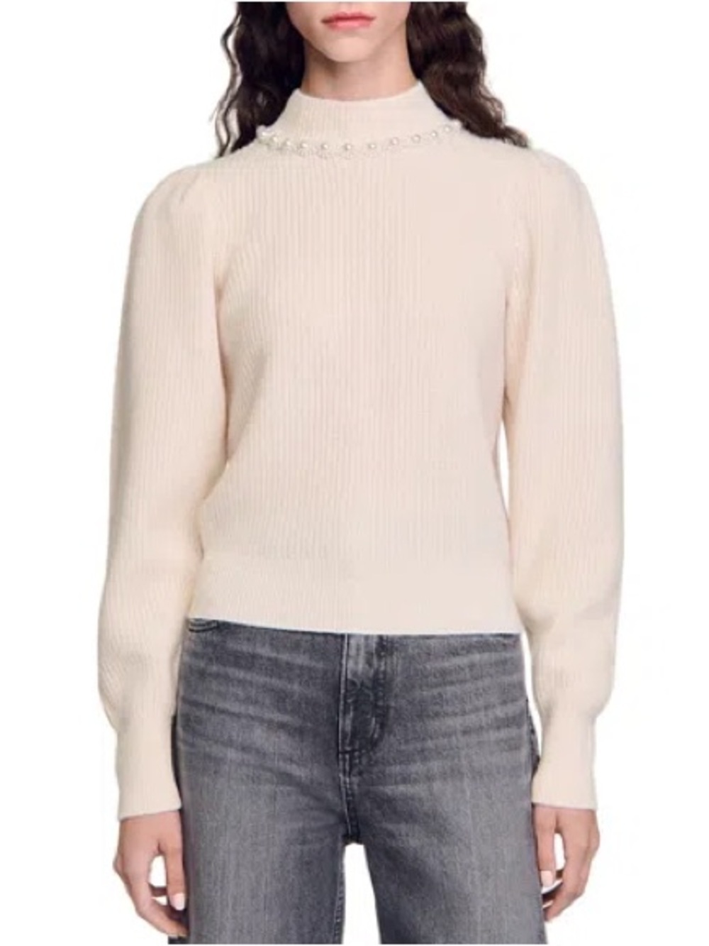 Sandro Cream Knit Turtleneck Sweater with Jeweled Collar - Picture 2 of 9